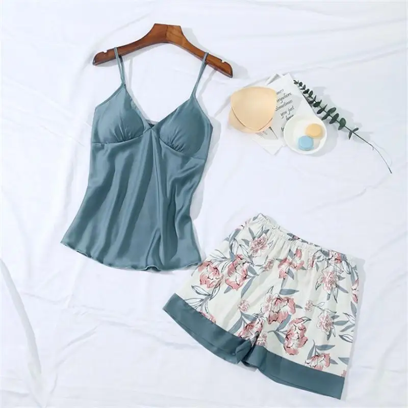 Sanderala Sexy Women Pajamas Set Cute Sleepwear Plus Size High Quality Lingerie Print Nightgown Sleeveless Pajama Pants