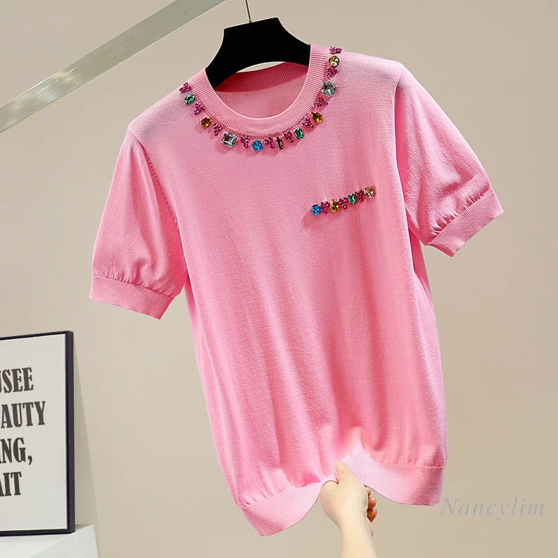 

Colorful Diamond Round Neck Pullover Thin Short Sleeve Ice Silk Sweater Women 2021 Summer Elegant Lady Top Nancylim