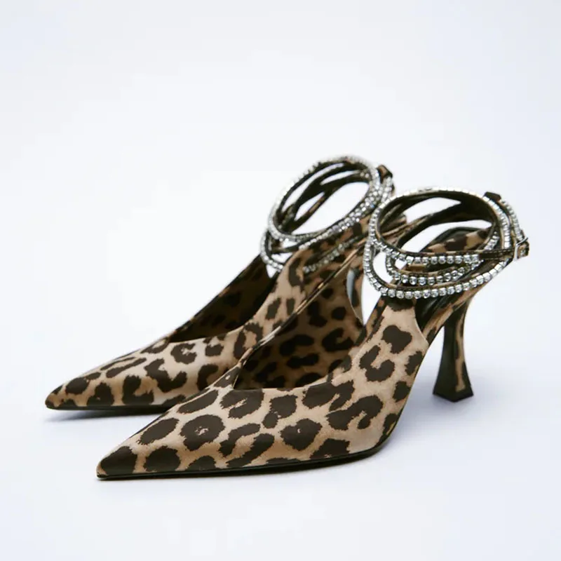 

Women Pumps Heels Pointed Shallow Mouth Rhinestone Ankle Strap Slingback High Heels Leopard Print Sexy Stiletto Sandalias Mujer