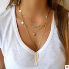 Ожерелье в стиле бохо, простое многослойное ожерелье ручной работы с металлическими листьями, бусинами из риса, бусинами и перьями, ожерелье с подвеской, женский подарок