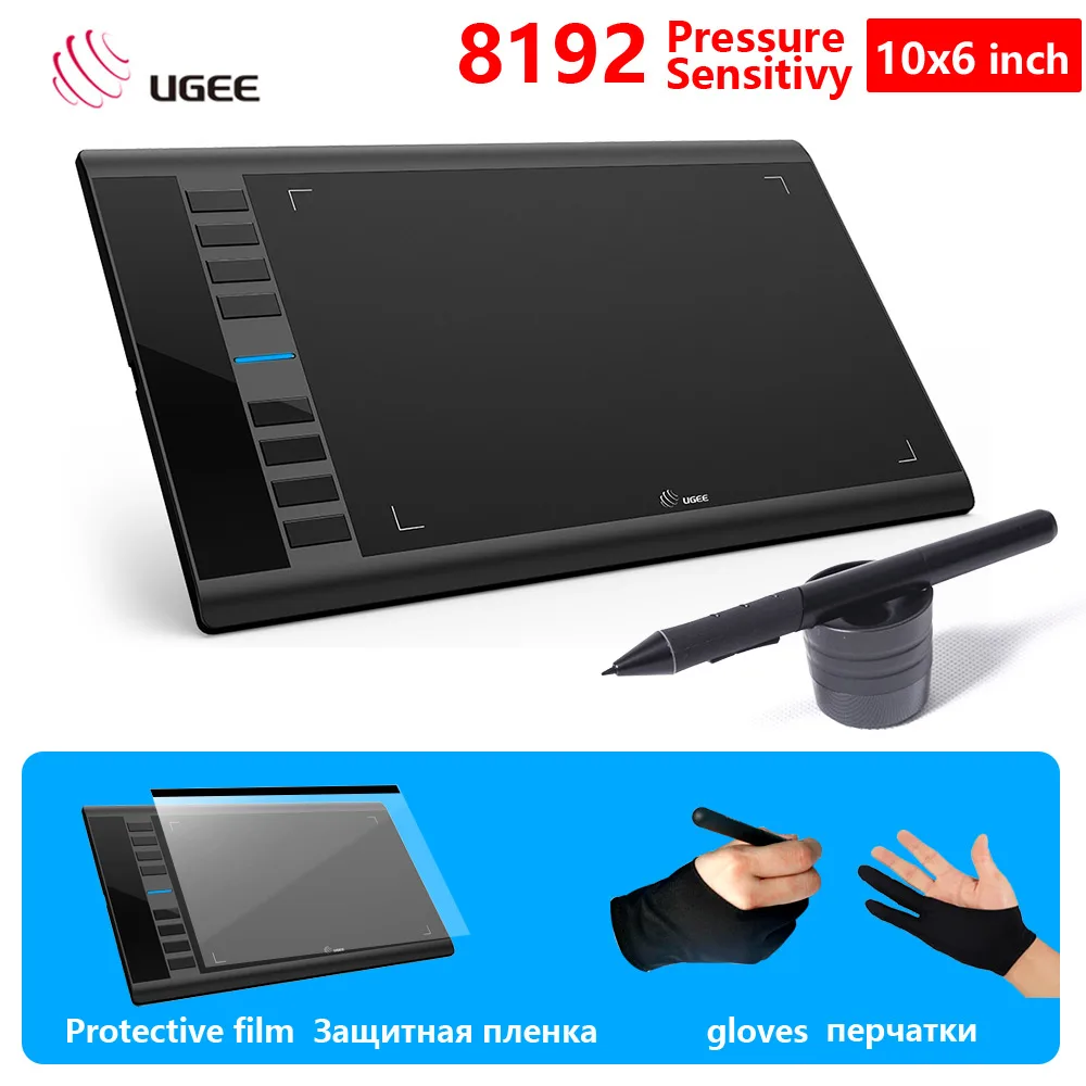 with protective film Ugee M708 цифровой графический планшет "10x6''Painting Pad 8192 уровень чувствительности к давлению графический планшет с бесплатными черными перчатками - Цвет: with protective film