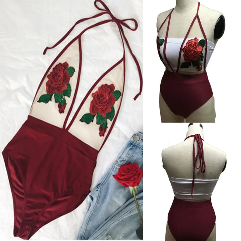 

Женская сексуальная вышивка кружевное платье с лямкой на шее с высокой талией цельный купальник с открытой спиной красный Монокини прозрач...