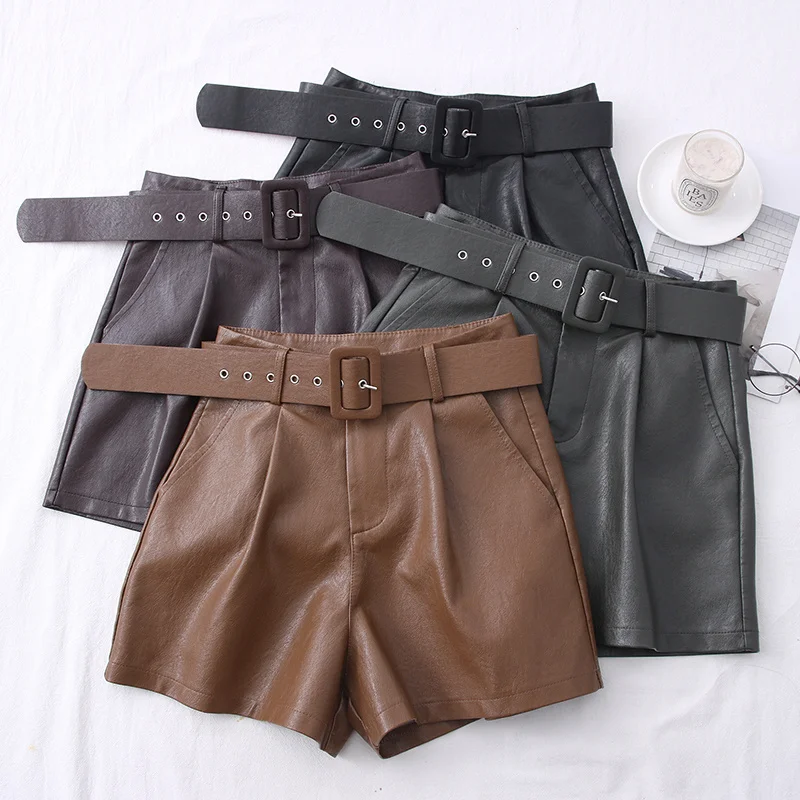

2021 New PU Leather Shorts Women Shorts All-match Sashes Wide Short Ladies Sexy Leather Shorts Autumn Winter