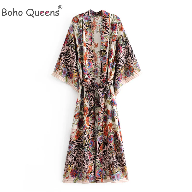 Женское летнее кимоно с цветочным принтом V-образным вырезом и рукавом летучая