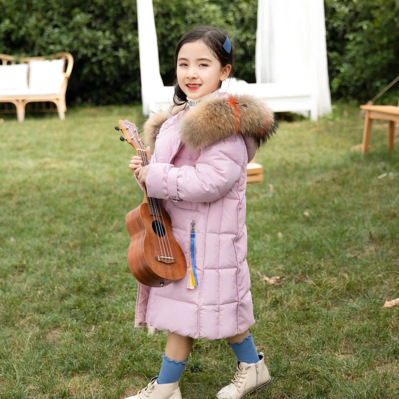 

-30 Children'S Fashion Solid Color Winter Down Jacket Girl'S Parkas Kids Warm Thick Faux Fur Coat Hooded Down Cotton Coat