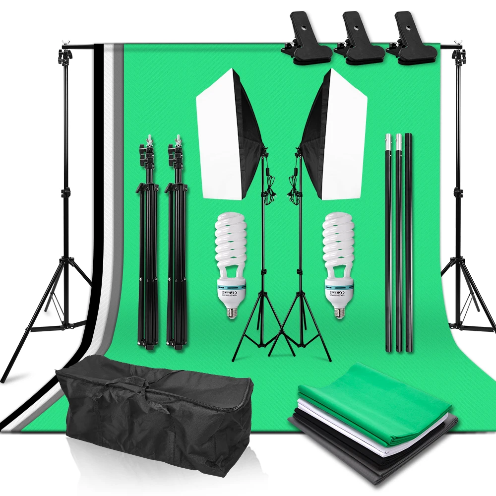 

2*2m Background Support System With 4 Color Backdrop 135W 5500K Lamp Softbox Continuous Lighting Kit for Camera Photo Shooting