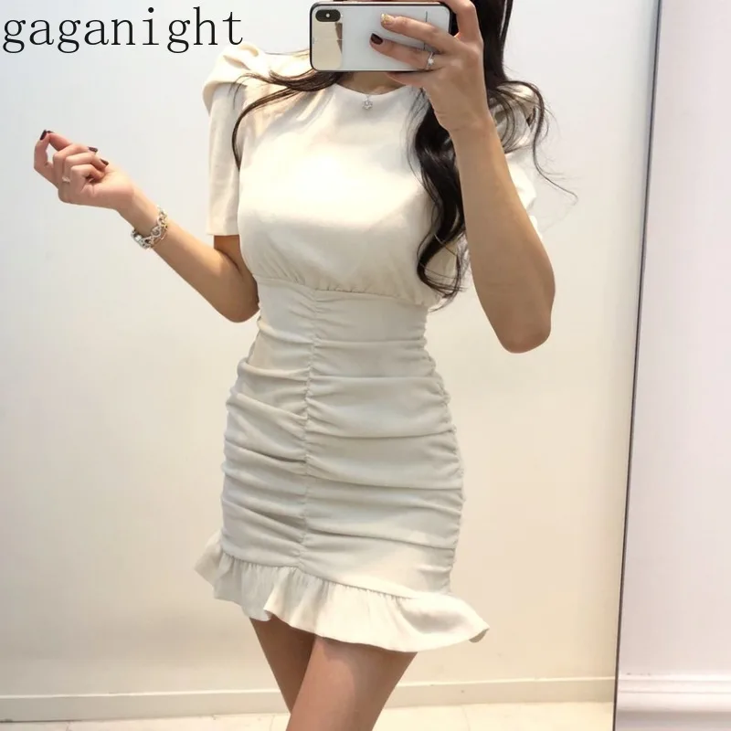 Gaganight Corduroy Solid Fashion Women Mini Short Dress Ruched Slim Bodycon Ruffles Dresses Female Chic Party Vestidos 2021 New | Женская