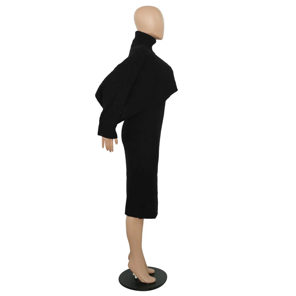 Autumn Winter Knitted Sweater Two Piece Set Turtleneck Long Sleeve Loose Crop Top+ Bandage Midi Tank Dress Plus Size Tracksuit