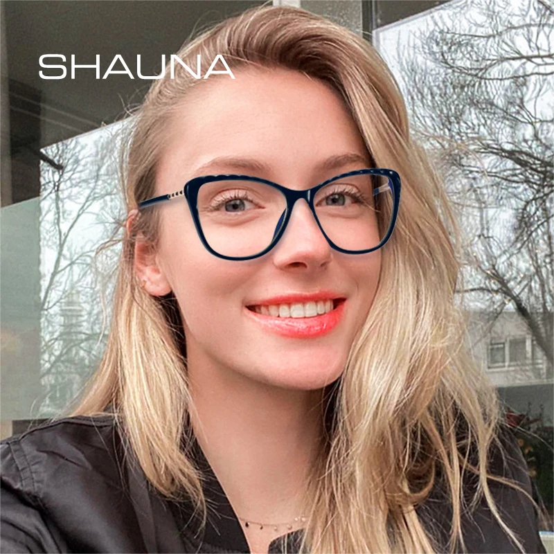 

SHAUNA Fashion TR90 Spring Hinge Women Cat Eye Eyeglasses Frame Optical Anti Blue Light Eyewear Men Computer Goggles