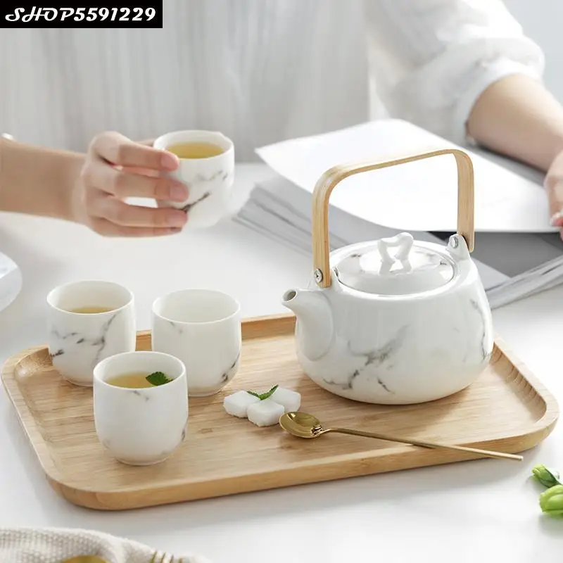 

6pcs Japanese Marble Ceramic Kung Fu Tea Set Fruit Teapot Set Simple European Afternoon Tea Coffee Cup Holder Home Office Gift