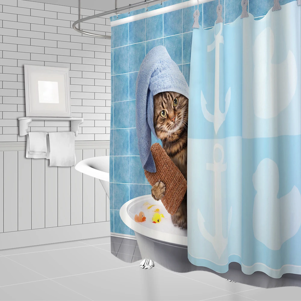 

Cat Shower Curtain Interesting Cat Watching Movie Polyester Fabric Bathtub Decor Hanging Curtain Modern Household Products