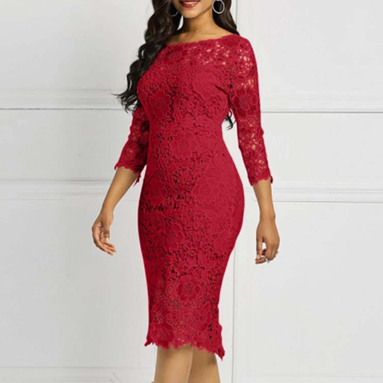 

Women Round Neck Bodycon Three-quarter Sleeves Sexy Lace OL Knee-length dresses for women 2020 elegant wedding