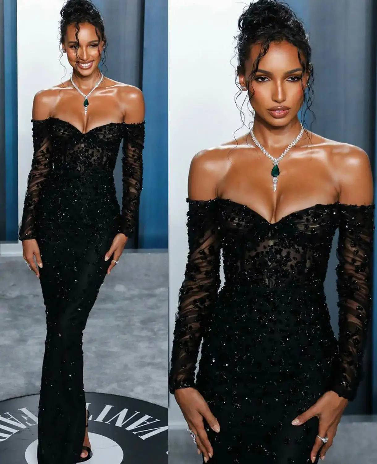 

Illusion Black Mermaid Evening Dresses Off Shoulder Long Sleeve Crystal Beading Prom Gowns Appliques Formal Runway Fashion Party