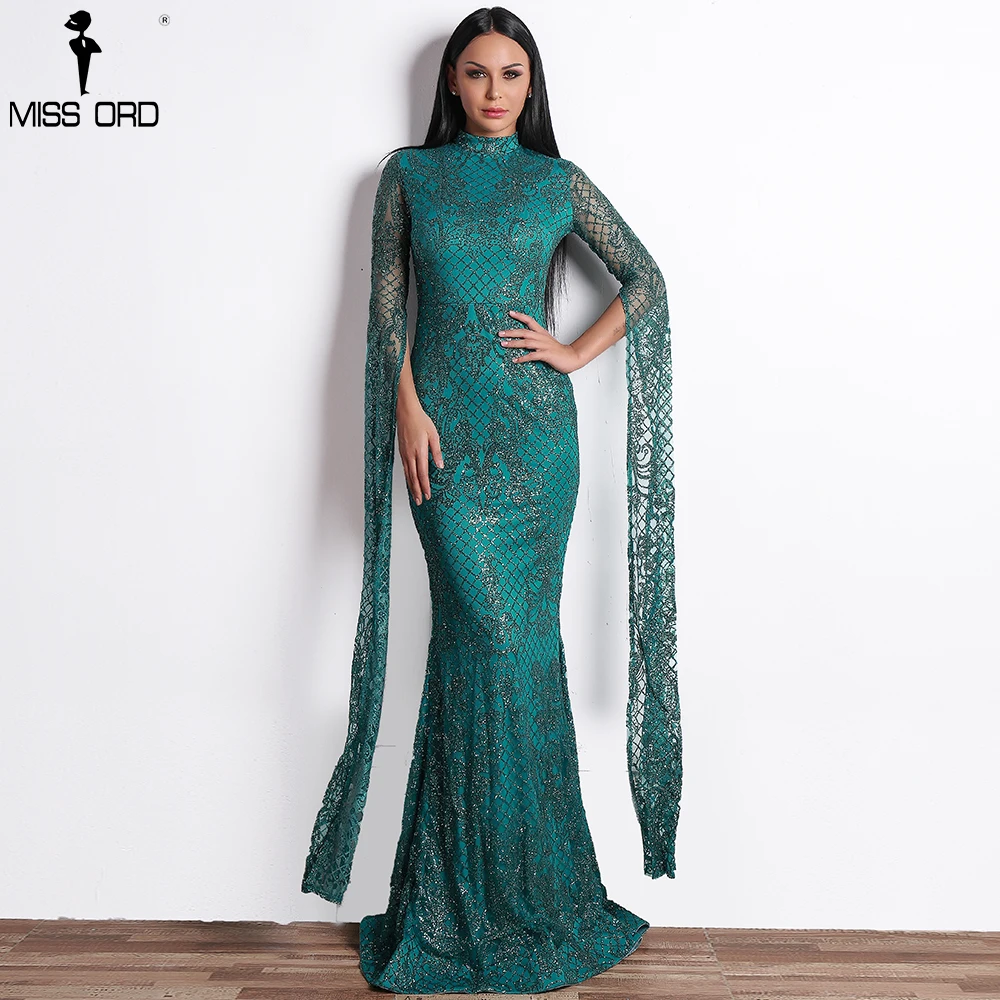 Missord 2019 женские сексуальные платья с длинным рукавом и высоким воротом блёсками