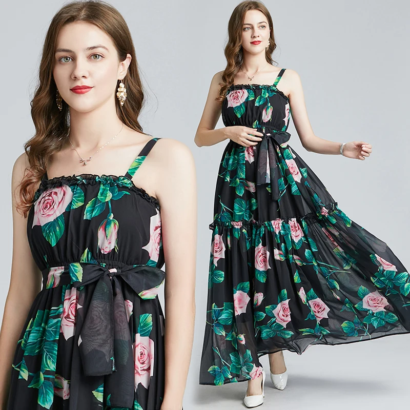 

Women Summer Fashion Casual High Waist Floor Length Rose Flower Print Maxi Long Dress vestidos
