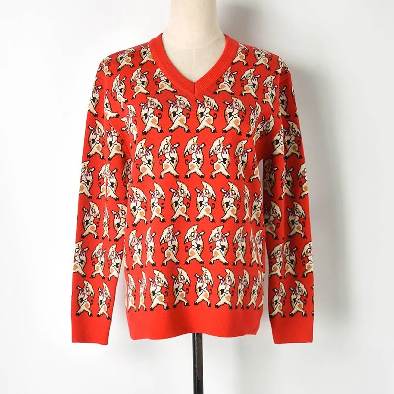 Womens Winter Sweaters 2020 Cotton Piggy Jacquard Knit Pullover Sweater Jumpers Women Fashion Red V Neck Sueter Mujer | Женская одежда