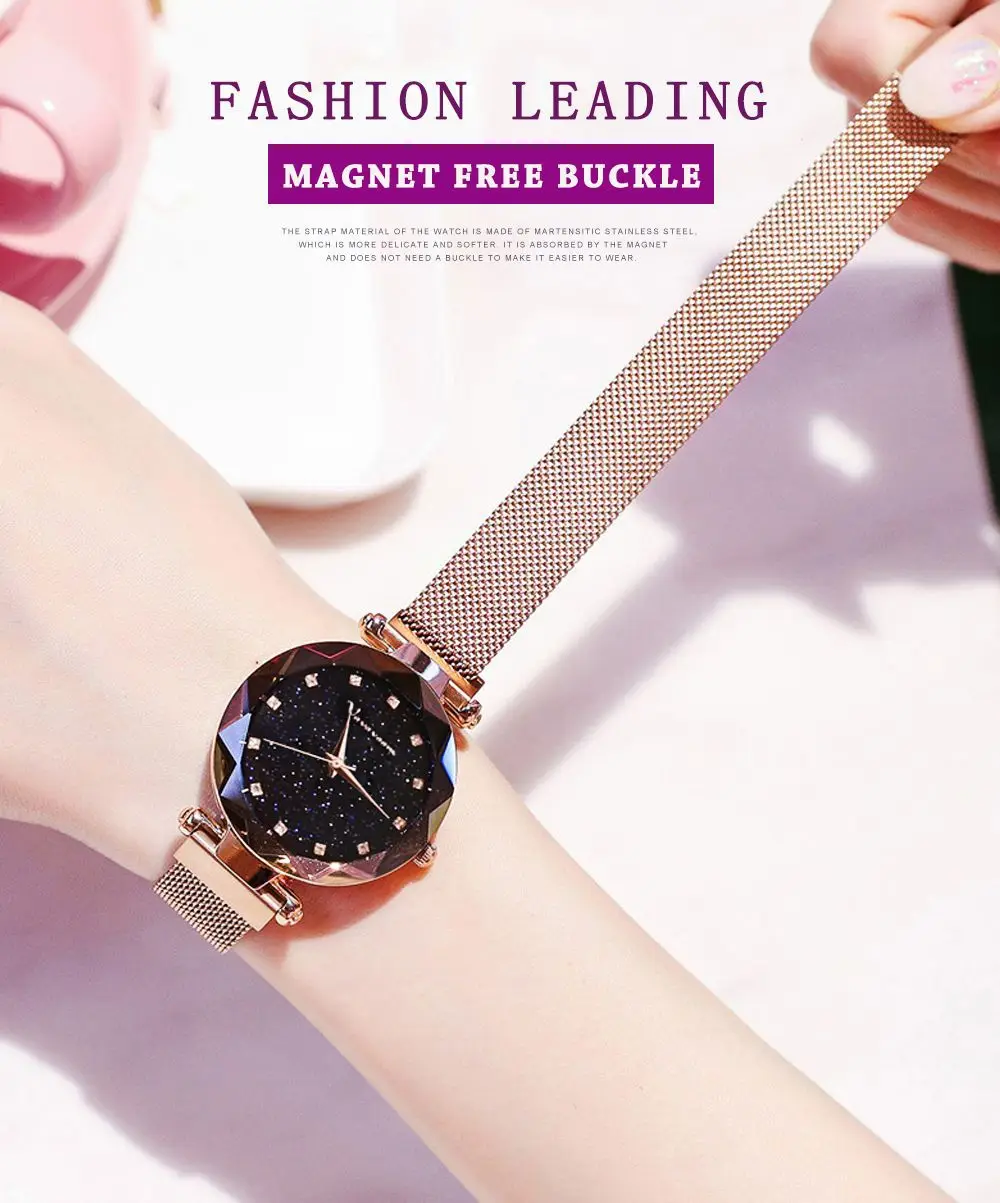 

VA VA VOOM VA 6D Trendy Magnetic Buckle Mesh Belt Watch Korean Version Starry Sky Pink Diamond Waterproof Ladies Watch Clock