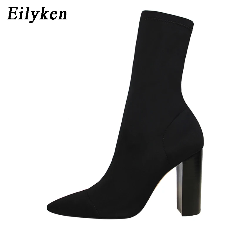 Black Eilyken/удобные Стрейчевые женские сапоги-носки; ботильоны на высоком квадратном каблуке; модная Осенняя растягивающаяся обувь с острым носком; Цвет Черный; большие размеры - Цвет: Black