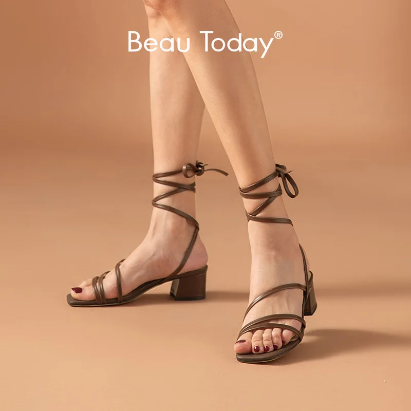 Murah BeauToday Sandal Gladiator Wanita Kulit Sapi Antik Kaki Persegi Sepatu Flat Wanita Musim Panas Ikatan Silang Hak Tinggi Buatan Tangan 31180
