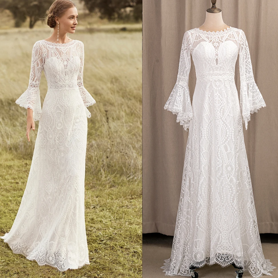 

4219# 100% Real Photos 2021 Arabic spring Mermaid online Long Flare Sleeves Lace Ivory Backless Wedding Gowns Bride Dresses