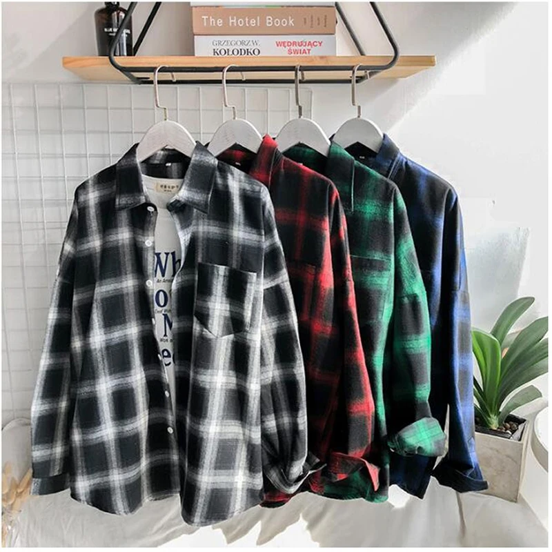 

Men Shirts Long Sleeve Turn-down Collar Large Size 5XL Plaid Korean Style Vintage Trendy Loose Students Mens All-match Chic New