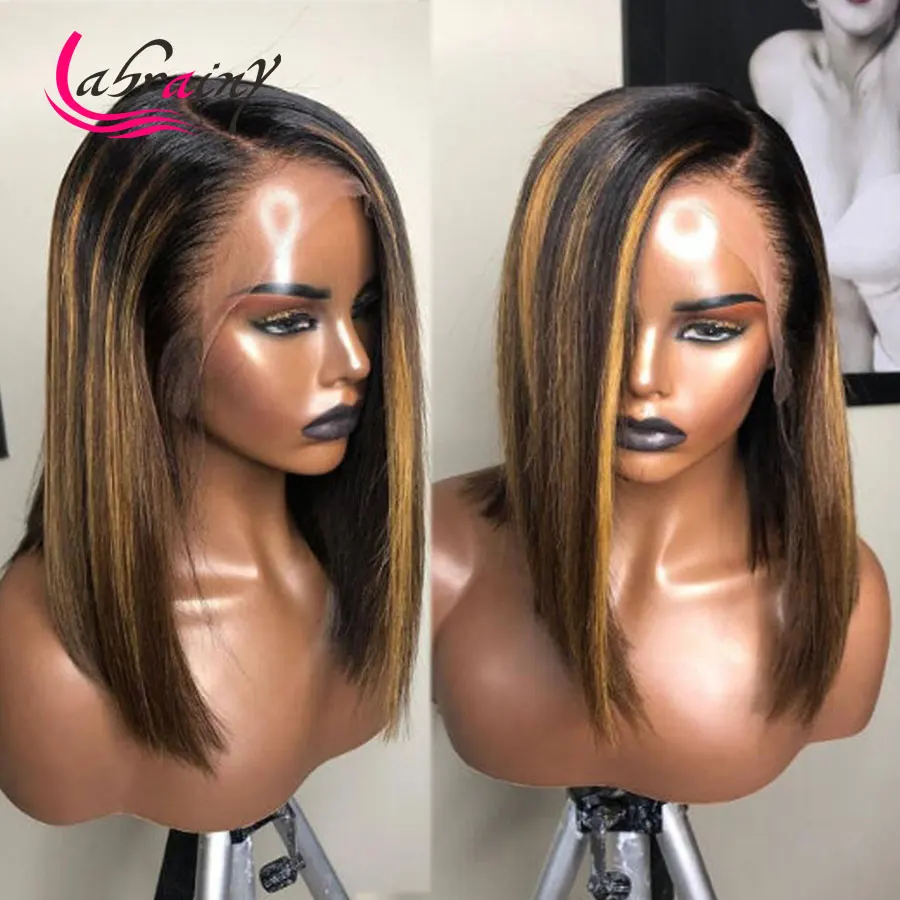 

Highlight Honey Blonde Lace Front Wig Bob Human Hair Lace Frontal Wigs Ombre Colored Glueless Pre Plucked With Baby Hair 13x6