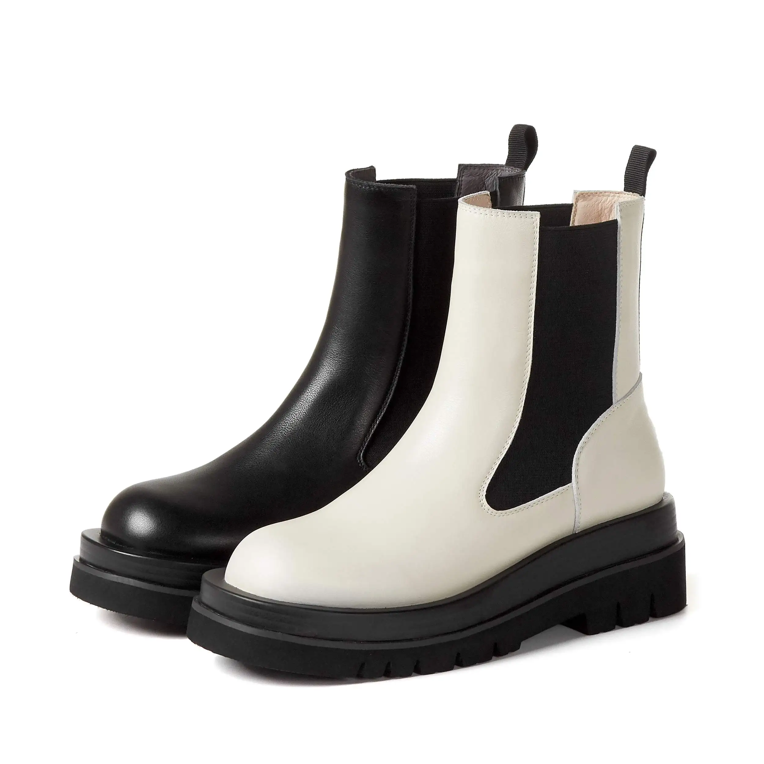 

Lenkisen stretch boots real cow leather all-match platform round toe thick high heel slip on convenient modern ankle boots L3f1