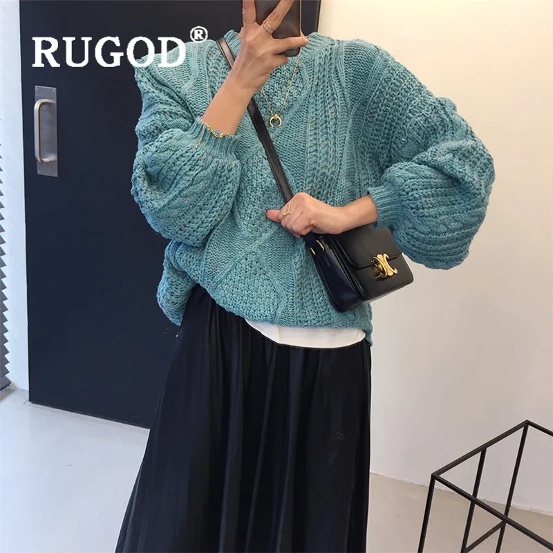 Женский вязаный свитер RUGOD однотонный теплый пуловер с круглым вырезом и узором в