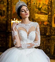 2021 arabic dubai sheer neck wedding dresses ball gown long illusion sleeves applique beaded lace bridal dress robe de mariee