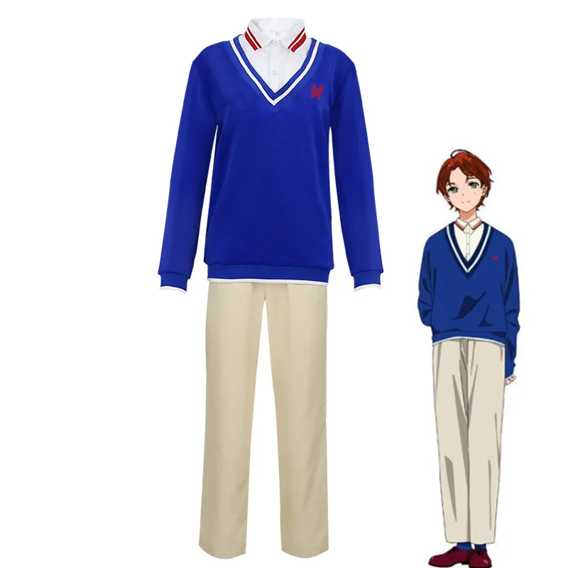 

Anime Momoe Sawaki Cosplay Costume Women WONDER EGG PRIORITY Blue Sweater Pants Tops Uniforms Set