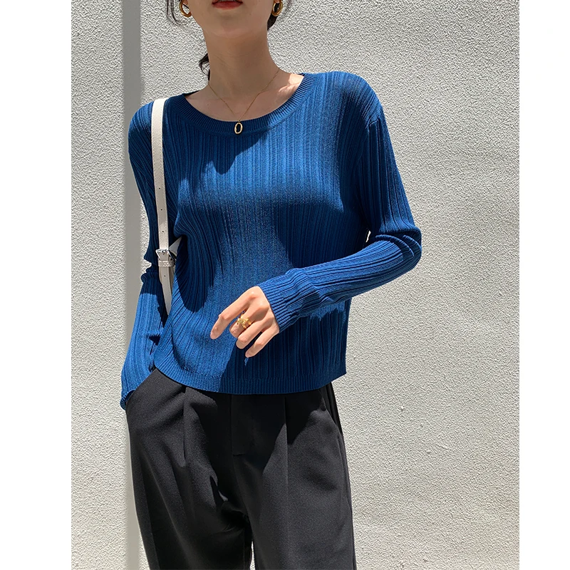 

Autumn Women's Blue Knitted Bottoming Shirt 2021 Ladies Sweater Vintage Solid Color Pullover Long-Sleeved Top Korean Fashion