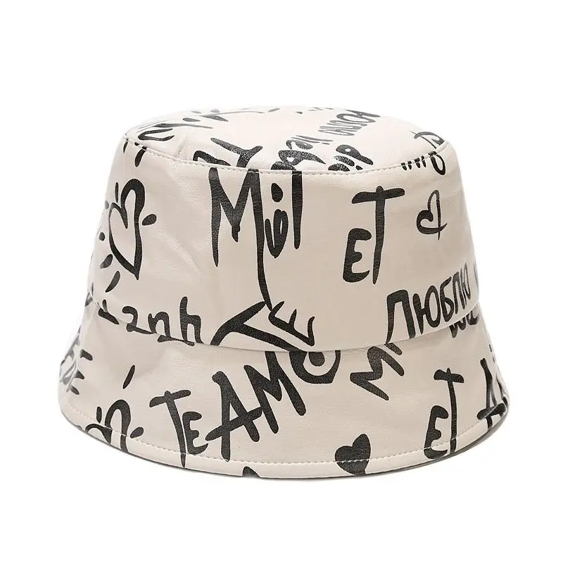 

Windproof Man Fisherman Hat for Girls Autumn Letter Print Spring Woman Hat PU Bucket Hats for Men Kids Hats Caps