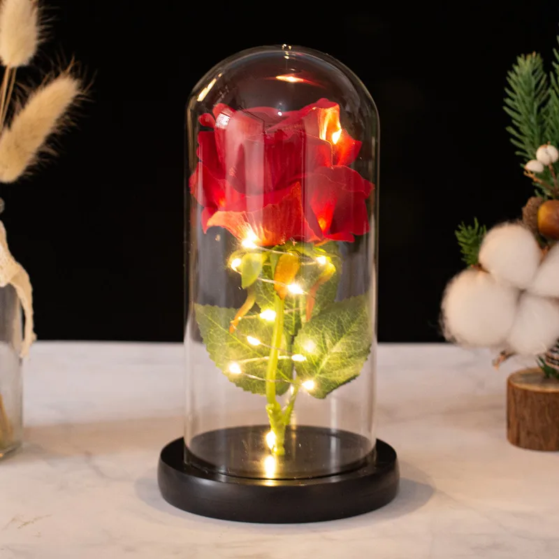 Charming Rose Glass Cover Desktop Decoration Creative LED Luminous Imitation Real Flower Wedding New Year Valentine's Day Gift | Дом и сад