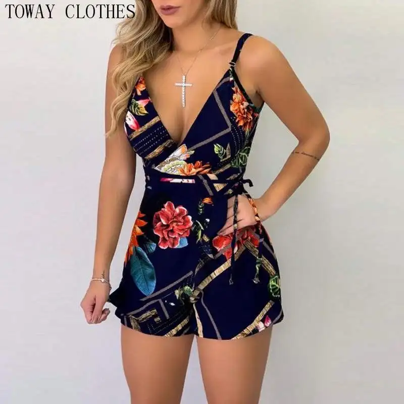 

Geo Mixed Print Spaghetti Strap Belted Romper Casual Look For Women Romper