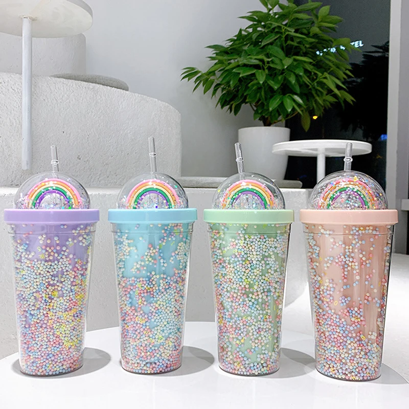 Double Layers Rainbow Plastic Water Bottle With Straw Korean style Creative Sweet Mug For Milk Coffee Tea Cup 550ml 19.5*10.5cm