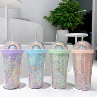 double layers rainbow plastic water bottle with straw korean style creative sweet mug for milk coffee tea cup 550ml 19 510 5cm