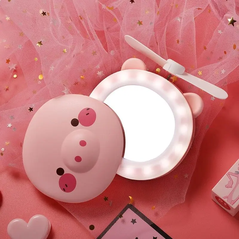 

Piggy beauty makeup mirror fan usb rechargeable mini cute led light portable mini fan