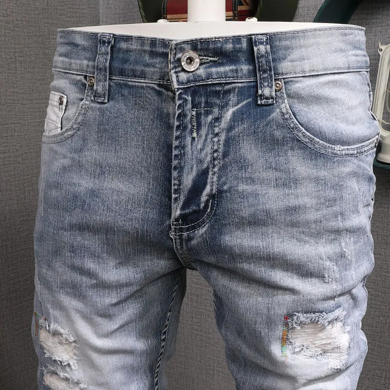 European American Street Fashion Men Jeans Retro Light Blue Destroyed Slim Ripped Jeans Men Patchwork Designer Denim Punk Pants