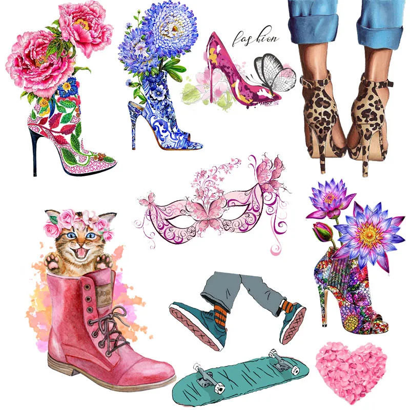 

Fashionable Crystal High Heels Heat Vinyl Transfer For Clothing Iron On Transfers For Clothes Beautiful Flower Thermal Stickers