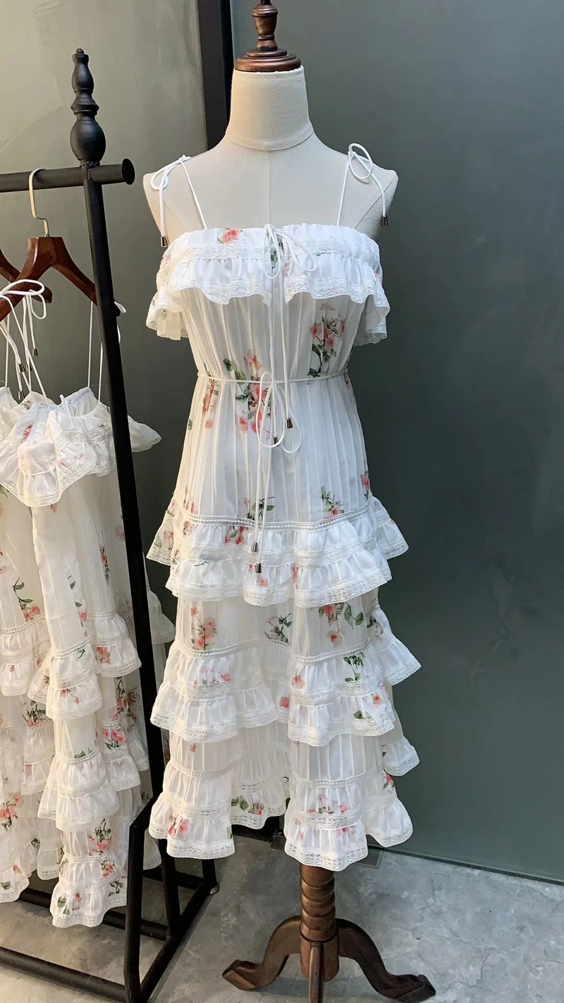 

Woman Spaghetti Strap Dress Backless Print Long Dresses