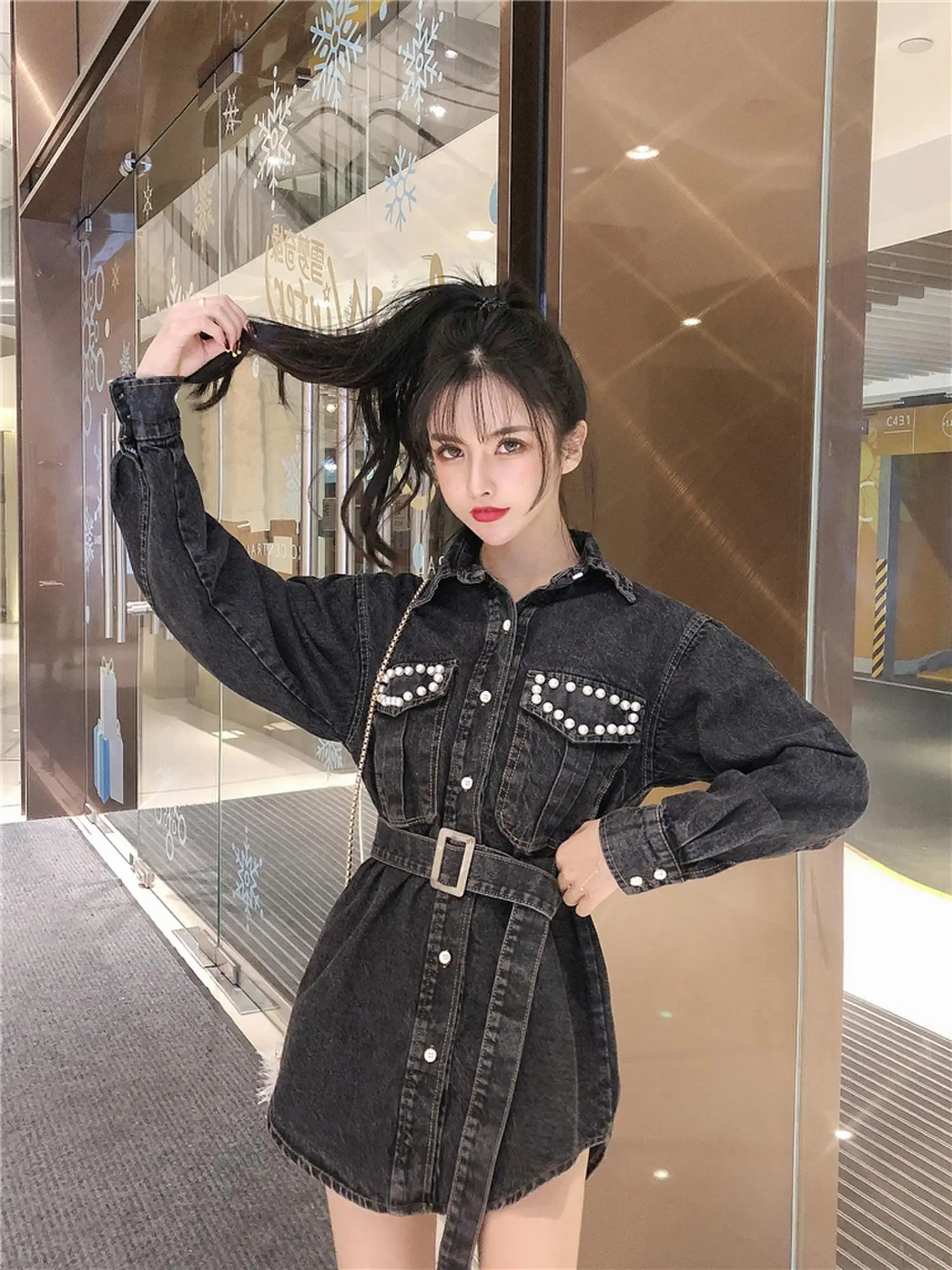 Fall winter Korean style lapel waist tie mid-length beaded denim jacket