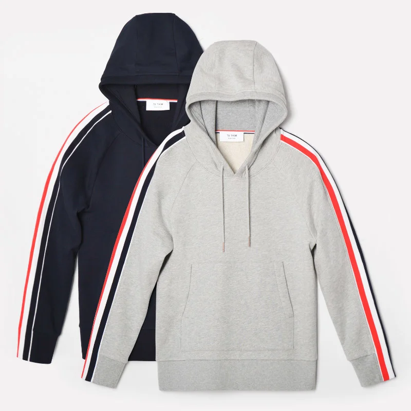 

2021 Fashion TB THOM Brand Spring hooded Clothing Slim Cotton Jacket Men Women Sweatshirts Solid Striped Sleeves Casual Coat
