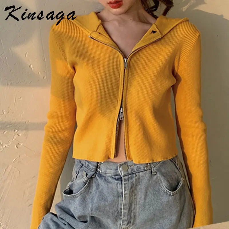 Женский корейский свитер на молнии с капюшоном в рубчик кардиган укороченный топ