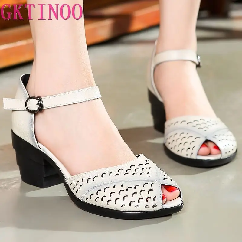

GKTINOO Peep Toes Women Thick Heels Sandals Soft Bottom Shoes Retro Style Summer Genuine Leather Hollow Women Sandal