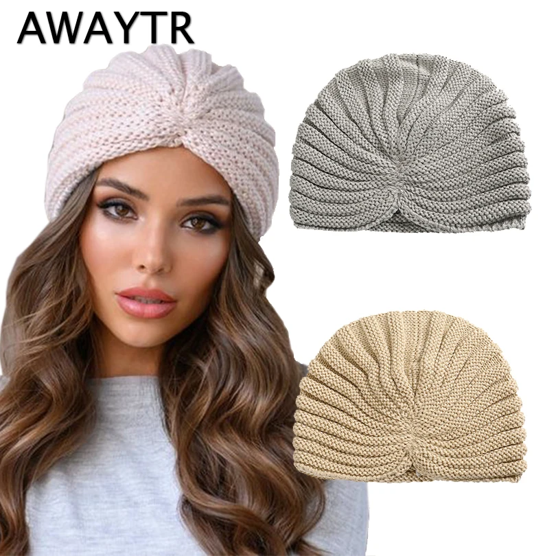 

AWAYTR, женские новые банданы с узелками, тюрбан, зимняя вязаная шапка-тюрбан, меховые шарфы, теплая повязка на голову в стиле бохо, мусульманск...