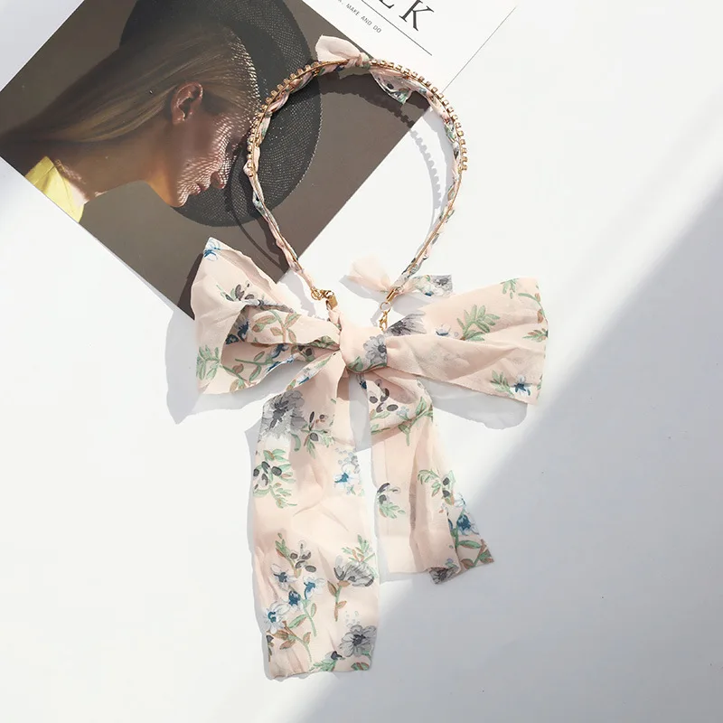 

2021 New Headband For Women Printed Flower Chiffon Knot Hairband Fashion Temperament Double Row Hairbands Boho Style Headwear