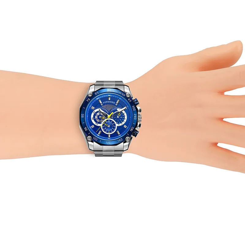 

FORSINING Luxury Brand Men Automatic Mechanical Winding Watch 3 Dial Multifunction Military Sports Stainless Steel Blue watches