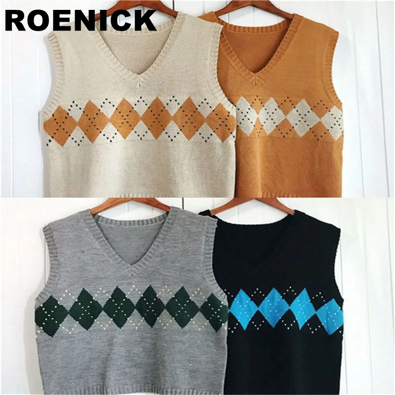 

ROENICK Sweaters Vests Women Argyle Knitted V-neck Sweater Vest Womens Korean Preppy Style Sleeveless Casual Stylish Slim Chic