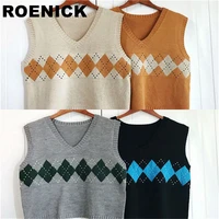 roenick sweaters vests women argyle knitted v neck sweater vest womens korean preppy style sleeveless casual stylish slim chic