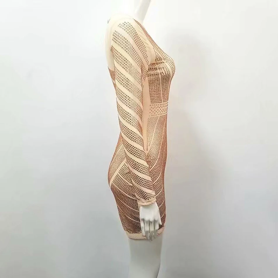 Платье мини с длинным рукавом модное облегающее платье на одно плечо кристаллами